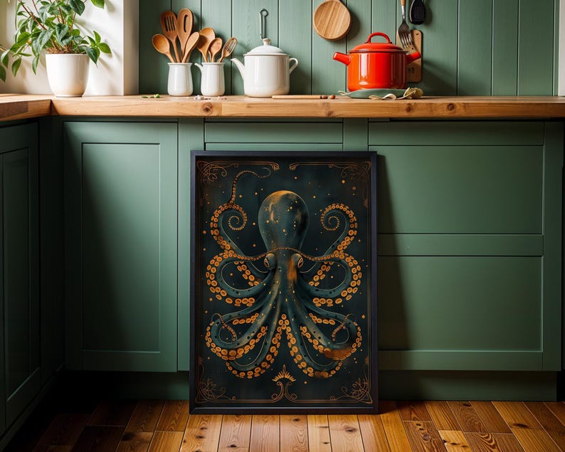 Art Deco Octopus Wall Art Print, Luxury Nautical Décor, Teal and Gold Ocean Artwork, Statement Coastal Office Art, Kraken Poster image 3