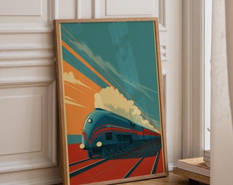 Art Deco Train Wall Art Print, Vintage Locomotive Poster, Streamline Railway Illustration, Retro Travel