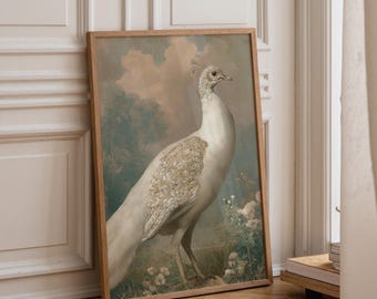 White Peacock Wall Art | Neutral Boho Bird Print | Elegant Nature Illustration | Minimalist Botanical Décor | Modern Living Room Artwork |