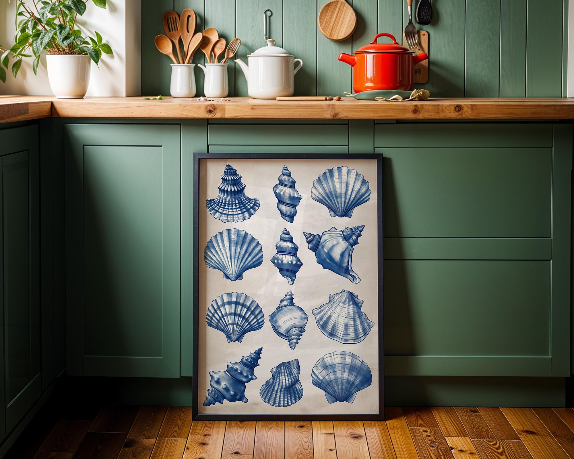 Botanicial Shell Patina Blue Seashell Wall Art Print, Vintage Coastal Illustration ...