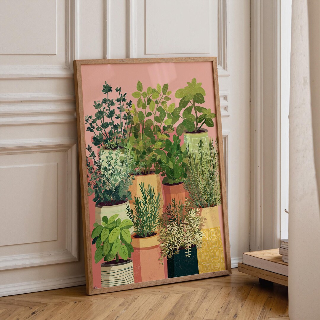kitchen wall decor art prints - botanical prints -... Herb Plants in Pots Print – Botanical Kitchen Wall Art Print ...