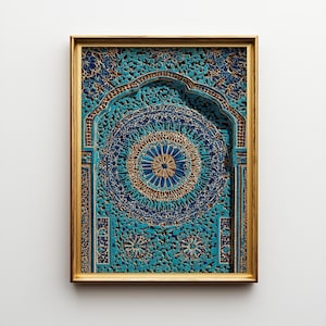 May include: A framed, intricately carved wooden panel with a gold-coloured frame. The panel features a turquoise and navy blue floral design with a central circular motif. The artwork has a layered, three-dimensional appearance.