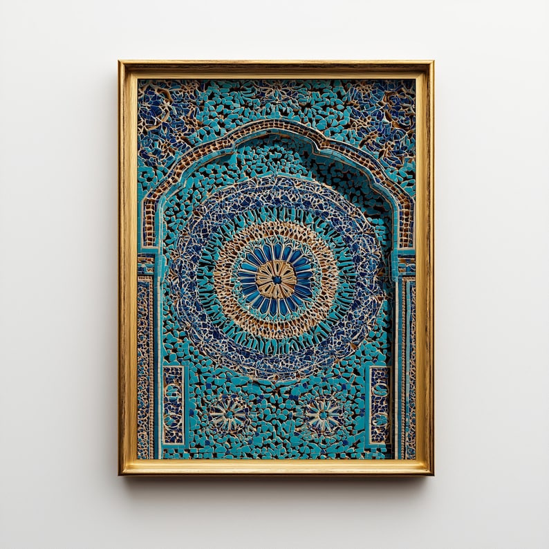 May include: A framed, intricately carved wooden panel with a gold-coloured frame. The panel features a turquoise and navy blue floral design with a central circular motif. The artwork has a layered, three-dimensional appearance.