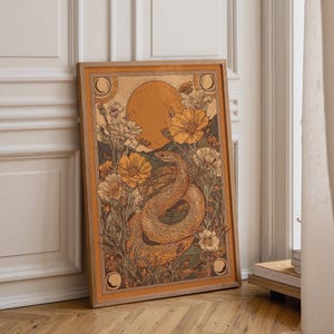 Vintage Snake Wall Art, Botanical Serpent Print, Gothic Cottagecore Decor, Celestial Moon Poster, Witchy Nature Art (Framed Option)