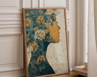 Op de afbeelding: Een rechthoekige ingelijste wandkunstprint met een profielsilhouet van een gezicht gevuld met een gestructureerd patroon van blauwgroene, mosterdgele en witte bloemvormen tegen een lichtcrème achtergrond met een subtiel gevlekt effect.