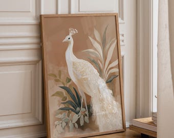 White Peacock Wall Art | Neutral Boho Bird Print | Elegant Nature Illustration | Minimalist Botanical Décor | Modern Living Room Artwork |