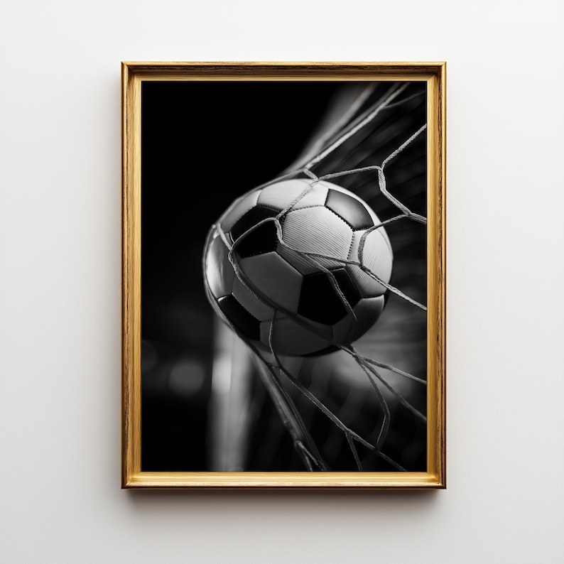 Football Wall Art Print, Soccer Goal Poster, Black White Sports Photography, Football Bedroom Decor, Soccer Ball Net Print (Framed Option) imagen 6