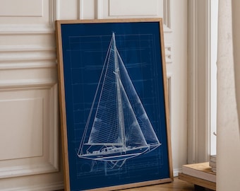 Nautical Blueprint Wall Art, Sailboat Technical Drawing, Ship Plan Print, Maritime Décor, Navy Blue Wall Art, Masculine Office Décor