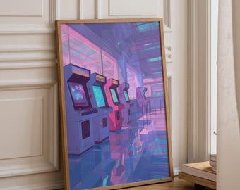 Lo-fi Arcade Art Print | Retro Gaming Wall Art | Neon Vaporwave Poster | Anime Aesthetic Décor | Nostalgic City Pop Illustration