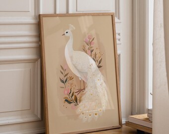 White Peacock Wall Art | Neutral Boho Bird Print | Elegant Nature Illustration | Minimalist Botanical Décor | Modern Living Room Artwork |