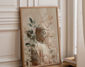 Buddha Wall Art Print, Botanical Buddhist, Calm Meditation Décor, Neutral Spiritual Home Art