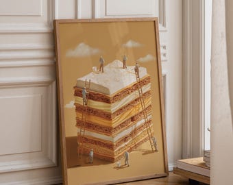 Surreal Cake Art Print, Miniature Workers Dessert Poster, Whimsical Bakery Artwork (Framed Option)