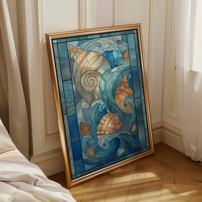 Stained Glass Seashell Wall Art, Coastal Ocean Illustration, Nautical Beach Décor, Art Nouveau image 5