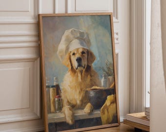 Chef Dog Art Print • Golden Retriever Cooking Wall Art • Funny Kitchen Décor • Whimsical Dog Chef Illustration • Cute Culinary Artwork