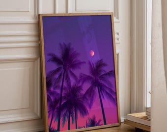 Vaporwave Palm Tree Wall Art Print, Neon Tropical Night Scene, Retro 80s Aesthetic, Purple Pink Synthwave Décor