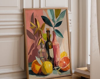 Colourful Still Life Art Print • Modern Wine & Citrus Wall Art • Vibrant Kitchen Décor • Painterly Fruit Illustration • Contemporary Home