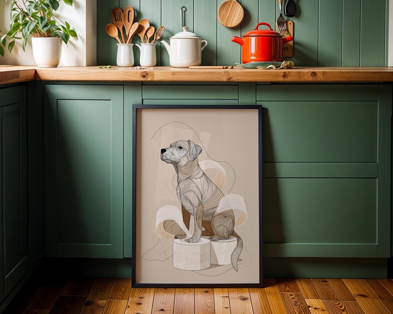 Funny Dog Toilet Paper Art Print • Modern Line Art Dog Illustration • Bathroom Wall Décor • Quirky Pet Lover Gift • Minimalist Dog Poster image 4