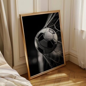 Football Wall Art Print, Soccer Goal Poster, Black White Sports Photography, Football Bedroom Decor, Soccer Ball Net Print (Framed Option) imagen 5