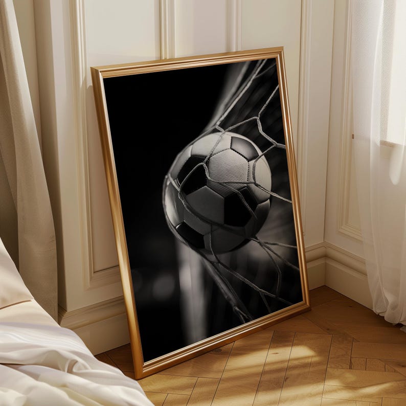 Football Wall Art Print, Soccer Goal Poster, Black White Sports Photography, Football Bedroom Decor, Soccer Ball Net Print (Framed Option) imagen 5