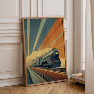 May include: A framed vertical art print featuring a stylized blue steam locomotive traveling forward. The background displays diagonal rays of orange, yellow, and teal, with clouds of steam billowing behind the train and motion lines below.