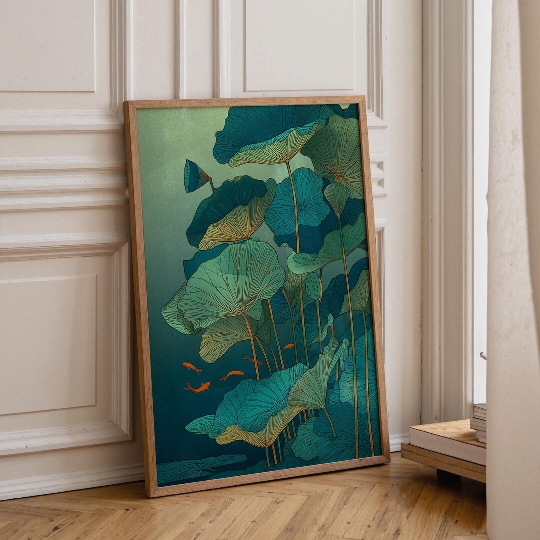 Koi Fish Lotus Wall Art Print, Japanese Pond Decor, Teal Botanical ...