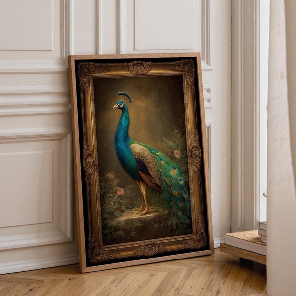 Regal Peacock Wall Art | Vintage Ornate Frame Bird Print | Luxurious Classical Animal Painting | Royal Peacock Décor | Victorian Home