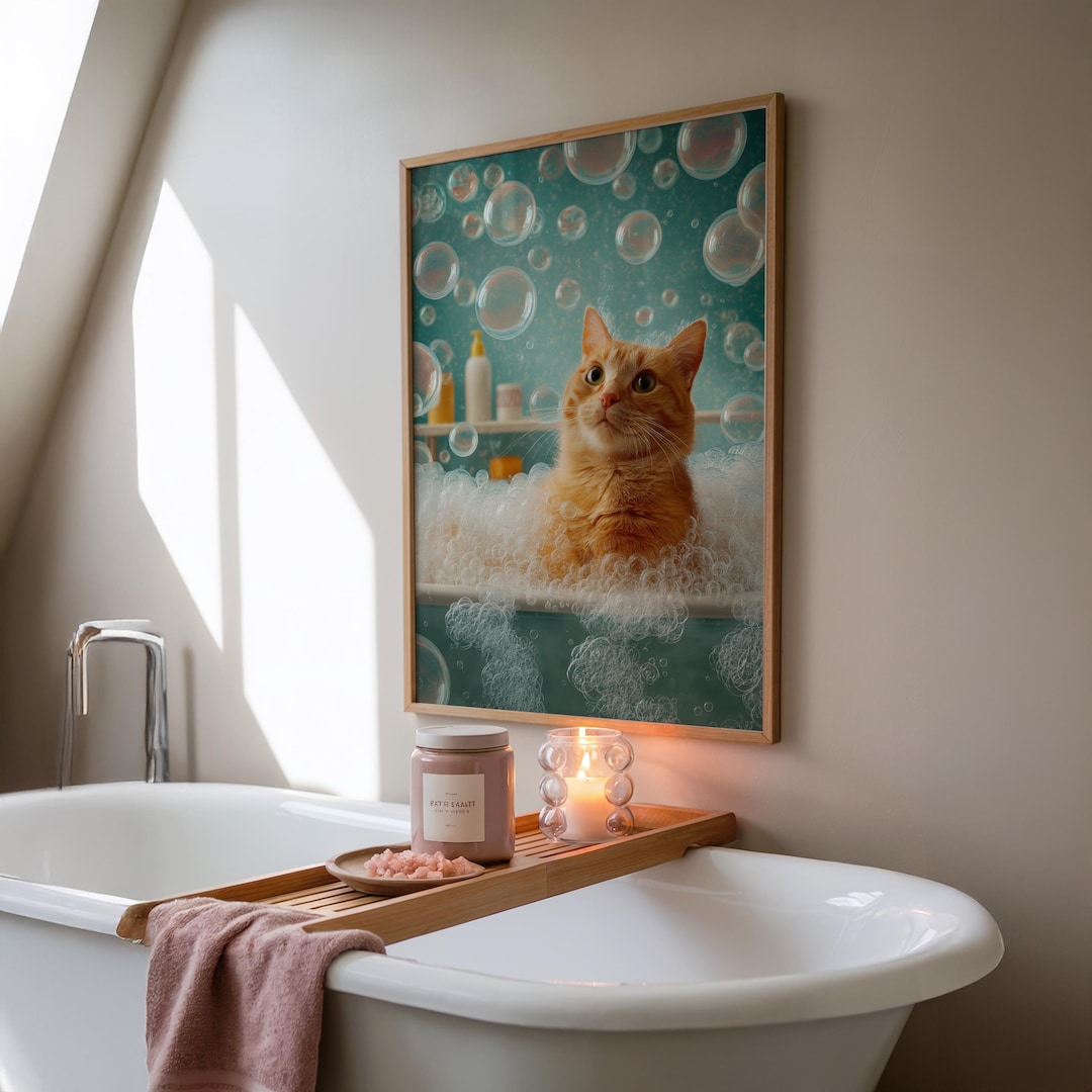 Orange Tabby Cat Bath Art Print • Funny Bubble Bath Cat Illustration ...