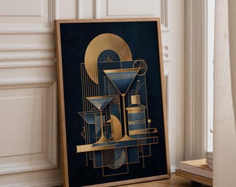 Art Deco Cocktail Wall Art Print, Minimalist Martini Illustration, Blue and Gold Bar Décor