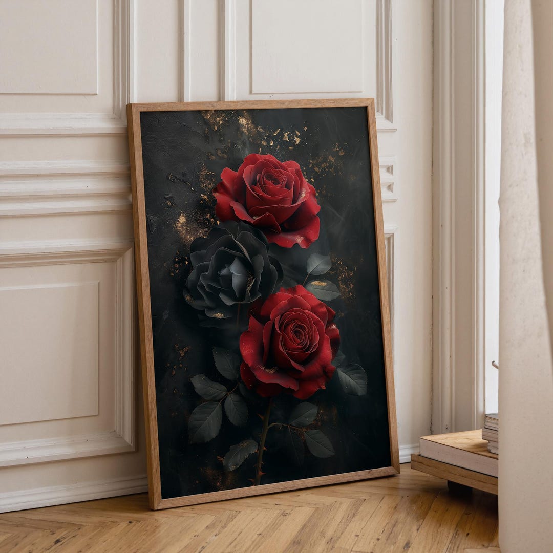 Dark Glam Red Rose Wall Art, Luxury Black and Gold Floral Print ...