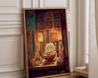 Kawaii Cat Eating Ramen Art Print | Cosy Japanese Noodle Shop Illustration | Cute Cat Kitchen Wall Art | Warm Lantern Anime Style Décor