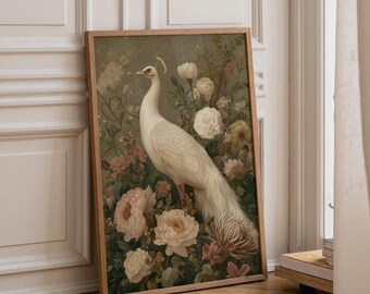 White Peacock Wall Art | Neutral Boho Bird Print | Elegant Nature Illustration | Minimalist Botanical Décor | Modern Living Room Artwork |
