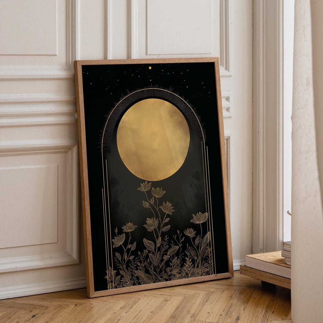 Gold Moon Botanical Wall Art, Black and Gold Celestial Floral Print ...
