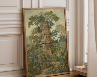 Op de afbeelding: Een ingelijste verticale wandkunstprint met een pagodestructuur met meerdere verdiepingen, omringd door weelderige groene bomen, dicht gebladerte en een kronkelend pad. Het kleurenpalet bestaat uit gedempte groentinten, aardse bruintinten en zachte roze bloemaccenten.
