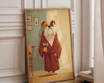 Wine Bulldog Art Print • Funny Dog Drinking Wine Wall Art • Relaxing Bulldog Illustration in Robe • Whimsical Animal Décor • Fun Bar Artwork