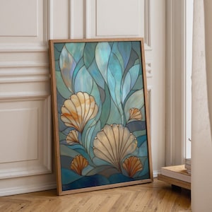 Stained Glass Seashell Wall Art, Coastal Ocean Illustration, Nautical Beach Décor, Art Nouveau imagen 1