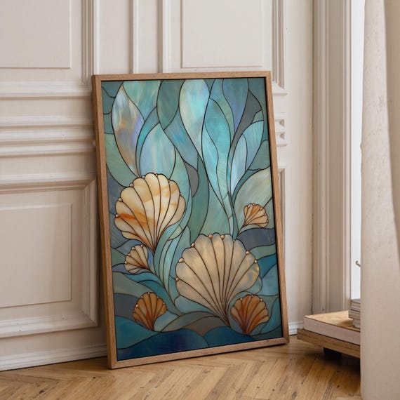 Stained Glass Seashell Wall Art, Coastal Ocean Illustration, Nautical Beach Décor, Art Nouveau