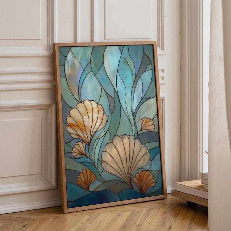 Stained Glass Seashell Wall Art, Coastal Ocean Illustration, Nautical Beach Décor, Art Nouveau imagen 1