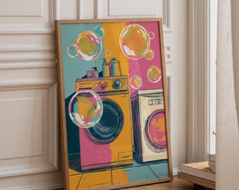 Colorful Retro Laundry Room Wall Art Print, Funky Bubble Washer Dryer Poster, Maximalist Pop Art Laundry Decor (Framed Option)