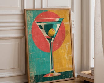 Retro Kitchen Print | Martini Wall Art | Vintage | Wine Print Wall | Retro Wine Wall Art Print | Mid-Century Modern Kitchen | Abstract Wine