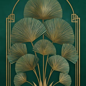 May include: An Art Deco-style botanical design featuring gold fan-shaped leaves and stems against a deep green background. The design includes a gold arch and geometric accents, creating a luxurious and elegant aesthetic.