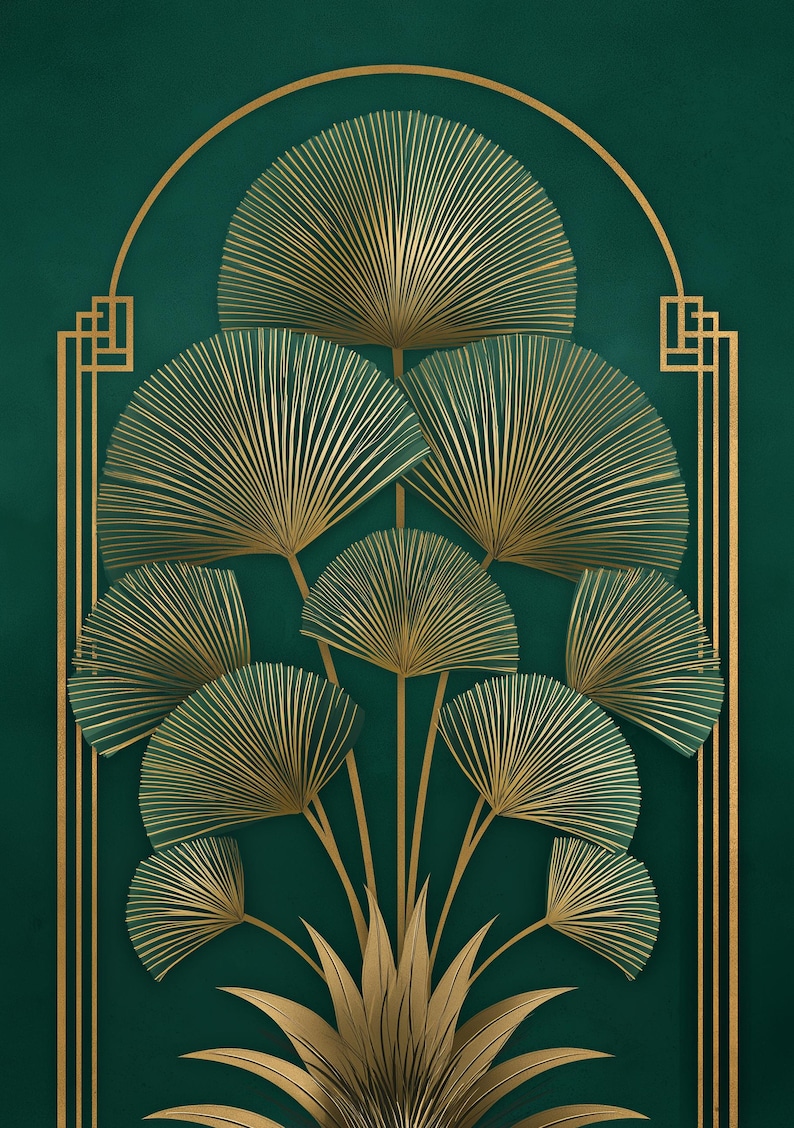 May include: An Art Deco-style botanical design featuring gold fan-shaped leaves and stems against a deep green background. The design includes a gold arch and geometric accents, creating a luxurious and elegant aesthetic.