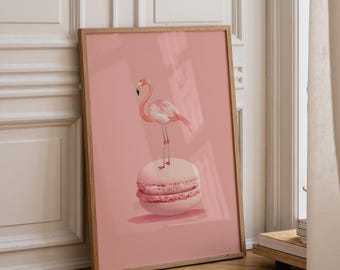 Pink Flamingo Macaron Art Print, Preppy French Dessert Poster, Girly Kitchen Decor (Framed Option)