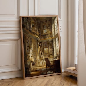 Può includere: Una stampa incorniciata di un interno di biblioteca classica. L'opera raffigura una stanza piena di scaffali, una scala e una scrivania. La tavolozza dei colori è calda, con sfumature di marrone e oro, creando un'atmosfera accogliente.
