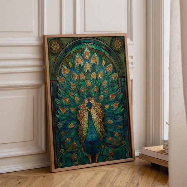 Stained Glass Peacock Wall Art | Teal and Gold | Vintage Glam Home Décor | Luxury Geometric Illustration Poster