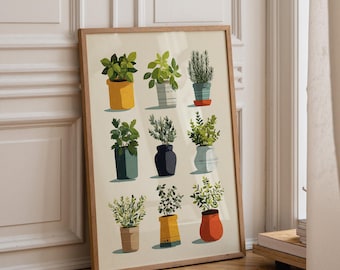 Kräuter Pflanzen in Töpfen Druck - Botanische Küche Wand Kunst | Botanische Küche Dekor | Cottagecore | Botanisches Poster
