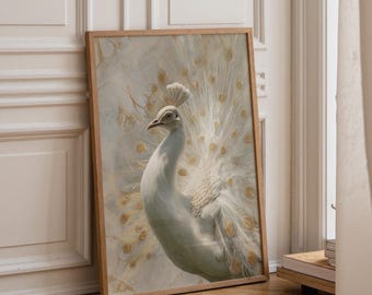 White Peacock Wall Art | Neutral Boho Bird Print | Elegant Nature Illustration | Minimalist Botanical Décor | Modern Living Room Artwork |