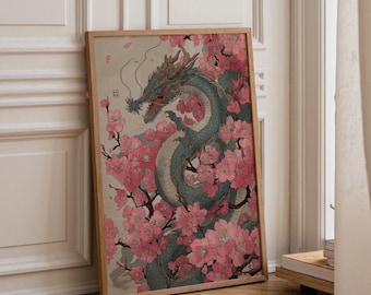 Cherry Blossom Dragon Art Print | Japanese Fantasy Wall Art | Mythical Creature Poster | Oriental Ink Style Illustration | Asian Mythology
