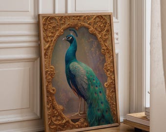 Regal Peacock Wall Art | Vintage Ornate Frame Bird Print | Luxurious Classical Animal Painting | Royal Peacock Décor | Victorian Home