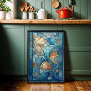 Stained Glass Seashell Wall Art, Coastal Ocean Illustration, Nautical Beach Décor, Art Nouveau image 4