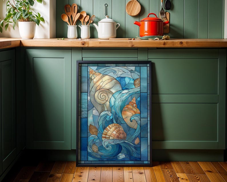 Stained Glass Seashell Wall Art, Coastal Ocean Illustration, Nautical Beach Décor, Art Nouveau image 4
